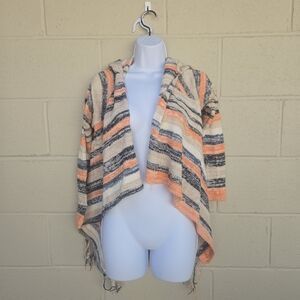 Poof- Striped- Fringed- Open Front- Hooded- Asymmetrical- Sweater- Size Medium